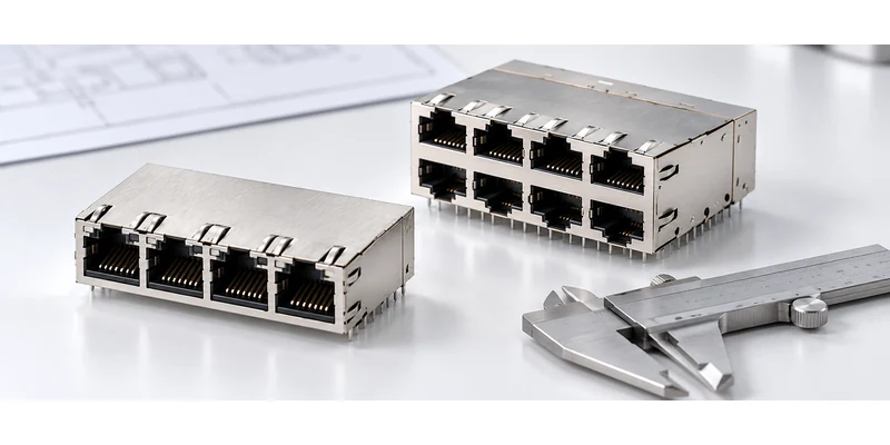 Ganged and stacked RJ45 connector samples on a workbench beside a caliper