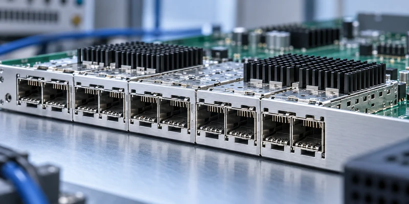 SFP connectors with heat sinks and EMI shielding on a dense switch board