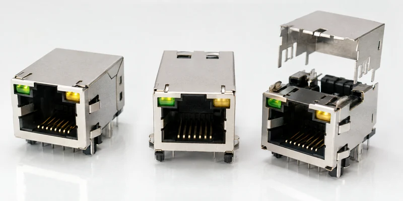 Compatible magnetic RJ45 LED, shielding, grounding tab and housing material details