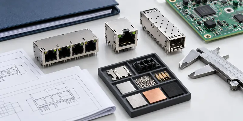 Custom connector RFQ package with RJ45, SFP, PCB, drawings and material samples