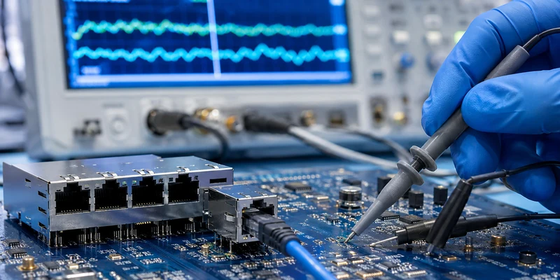 MagJack replacement sample undergoing board-level signal testing in an engineering lab